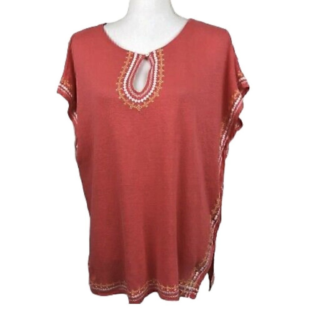 J. Jill Linen Coral Embroidered Short Sleeve Tunic Women’s M Keyhole Detail